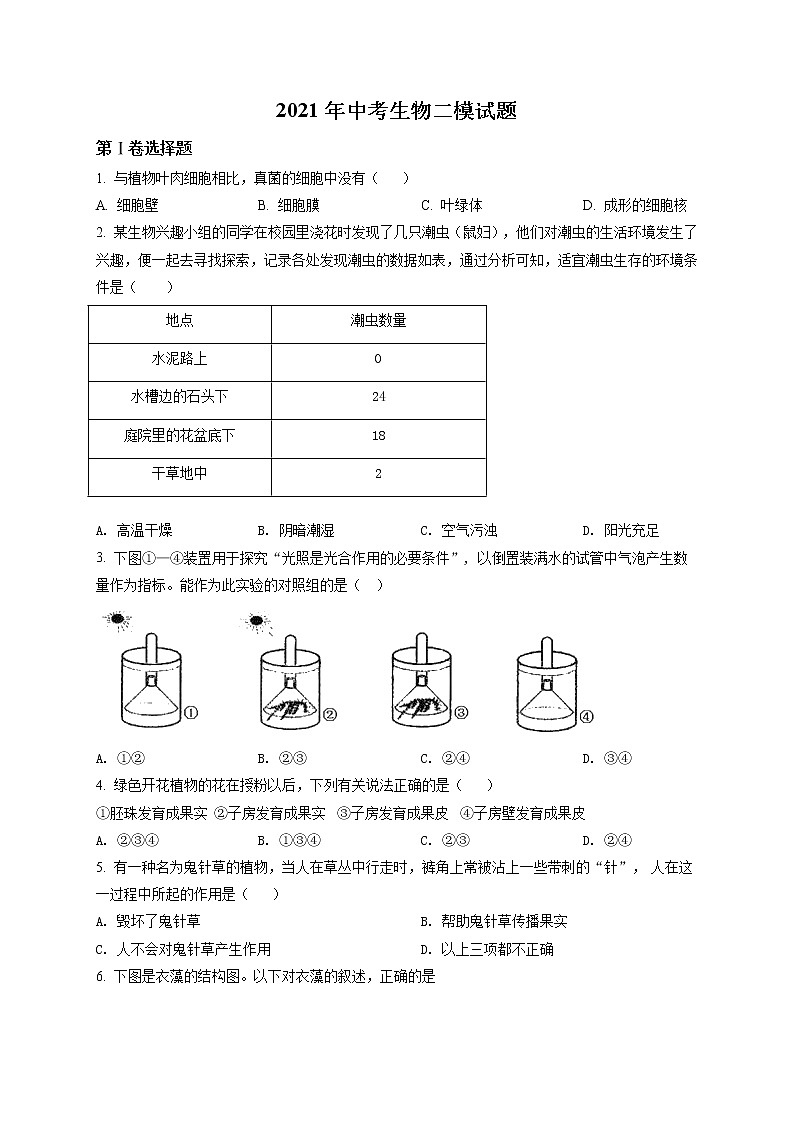 精品解析：2021年广西贺州市中考二模生物试题（解析版+原卷版）01