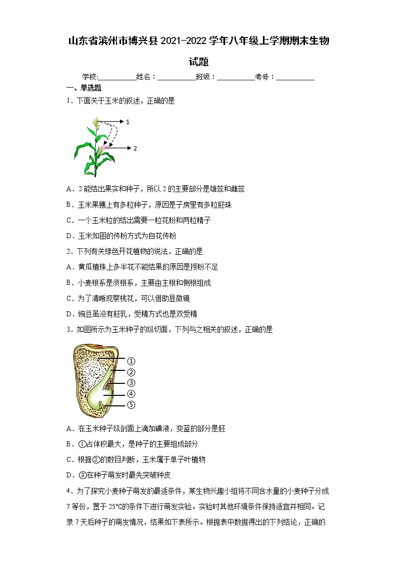 山东省滨州市博兴县2021-2022学年八年级上学期期末生物试题（word版 含答案）第1页