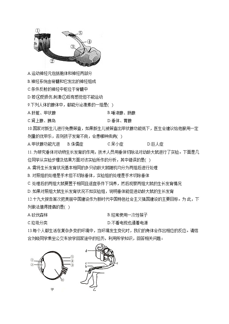 专题七 人体生命活动的调节和人类活动对生物圈的影响-2022届中考生物一轮复习专项通关训练02