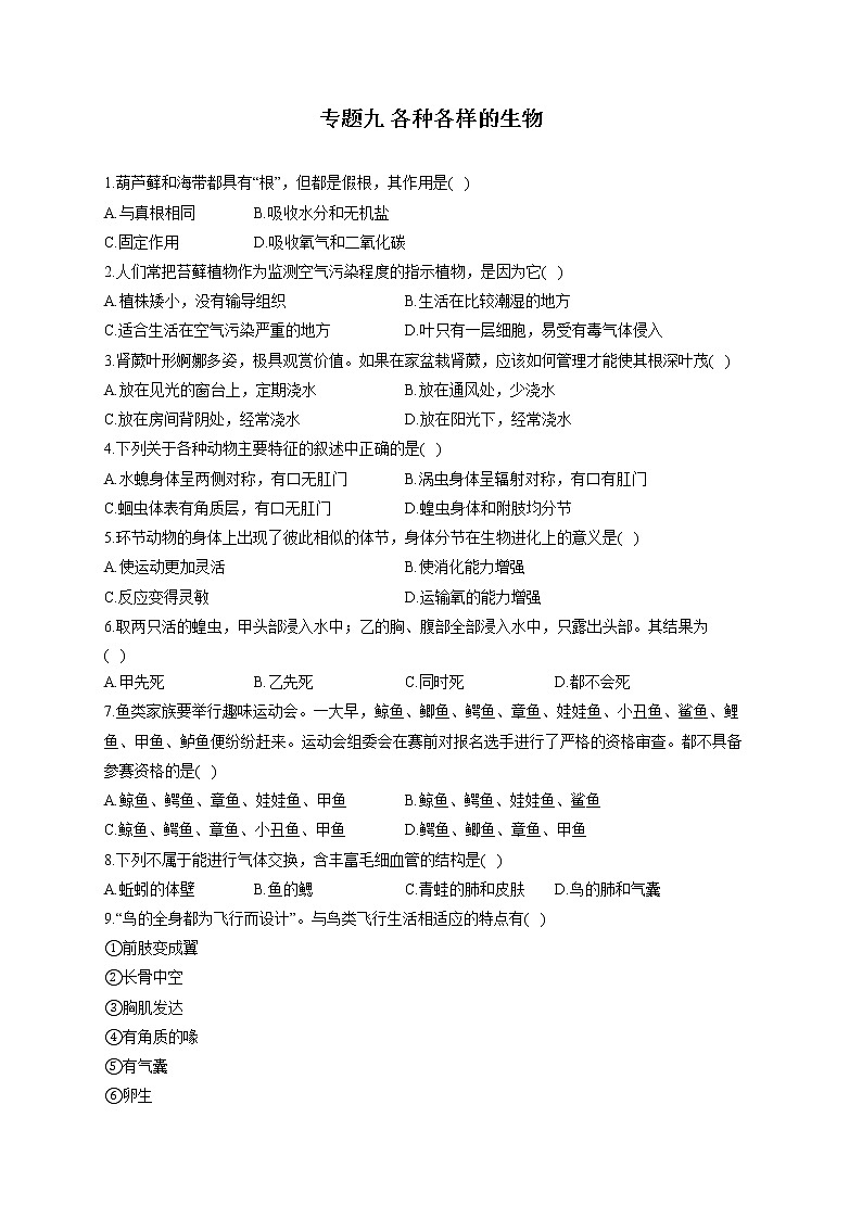 专题九 各种各样的生物-2022届中考生物一轮复习专项通关训练01