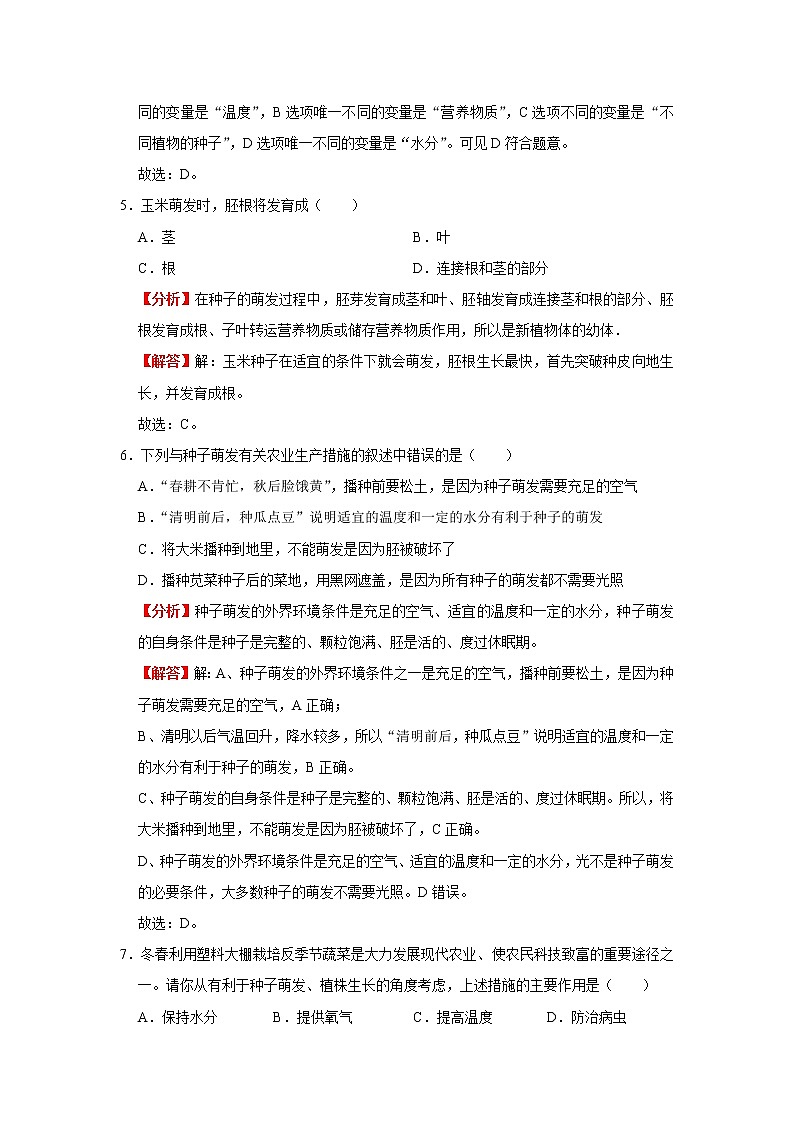 考点12 种子的萌发（解析版）-2022年生物中考一轮复习考点透析（人教版）第3页