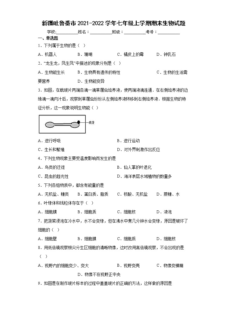 新疆吐鲁番市2021-2022学年七年级上学期期末生物试题（word版 含答案）01