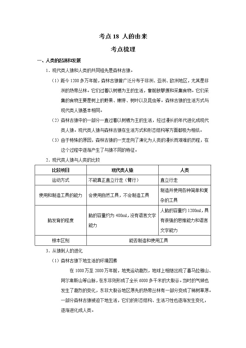 考点18 人的由来（解析版）-2022年生物中考一轮过关讲练（人教版）第1页