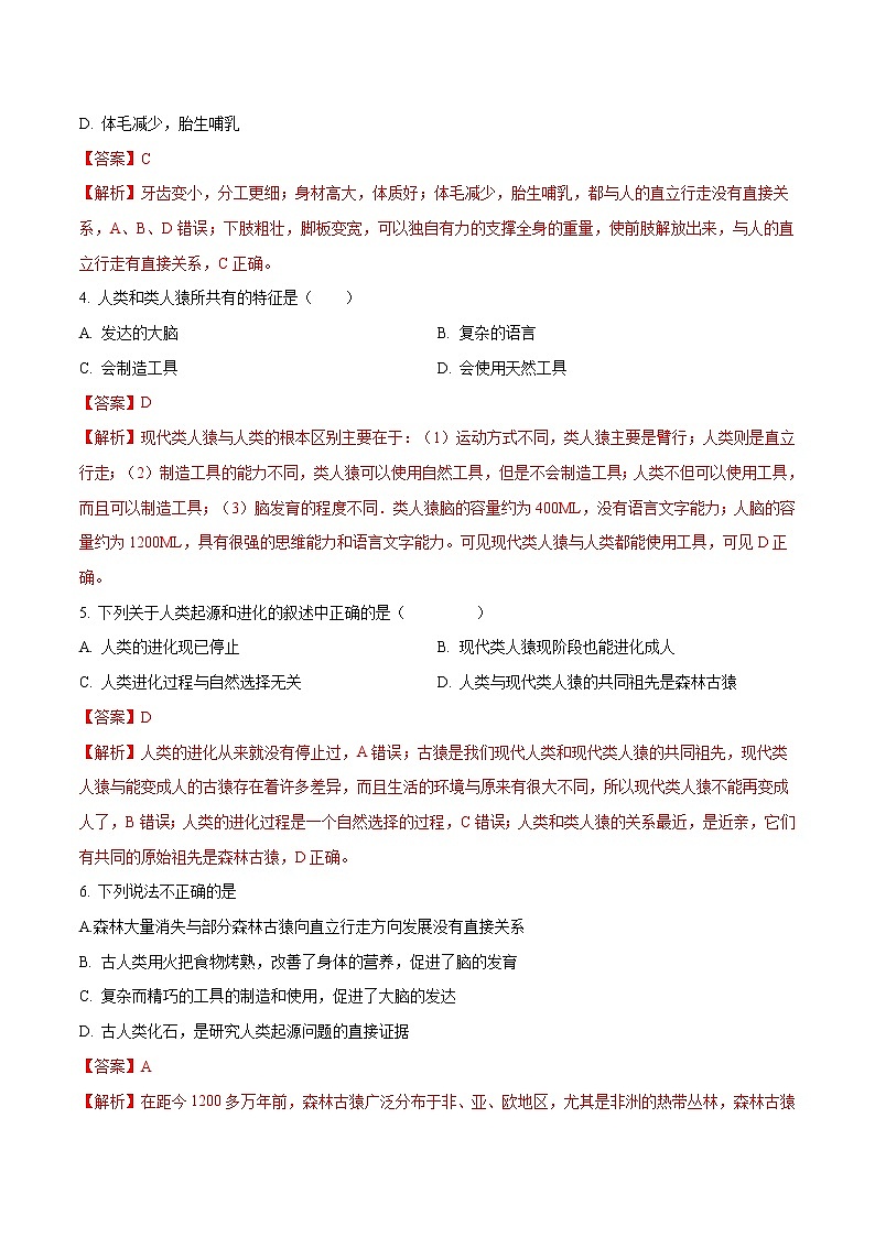 4.1.1 人类的起源和发展 同步练习2 初中生物人教版七年级下册（2022年）02