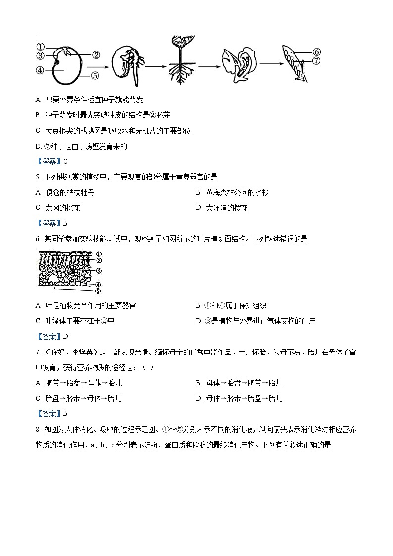 2021年江苏省盐城市第一初级中学中考一模生物试题及答案02