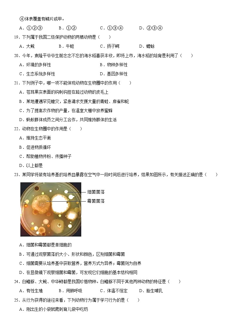 2021-2022学年安徽省芜湖市无为市八年级（上）期末生物试卷   解析版第3页