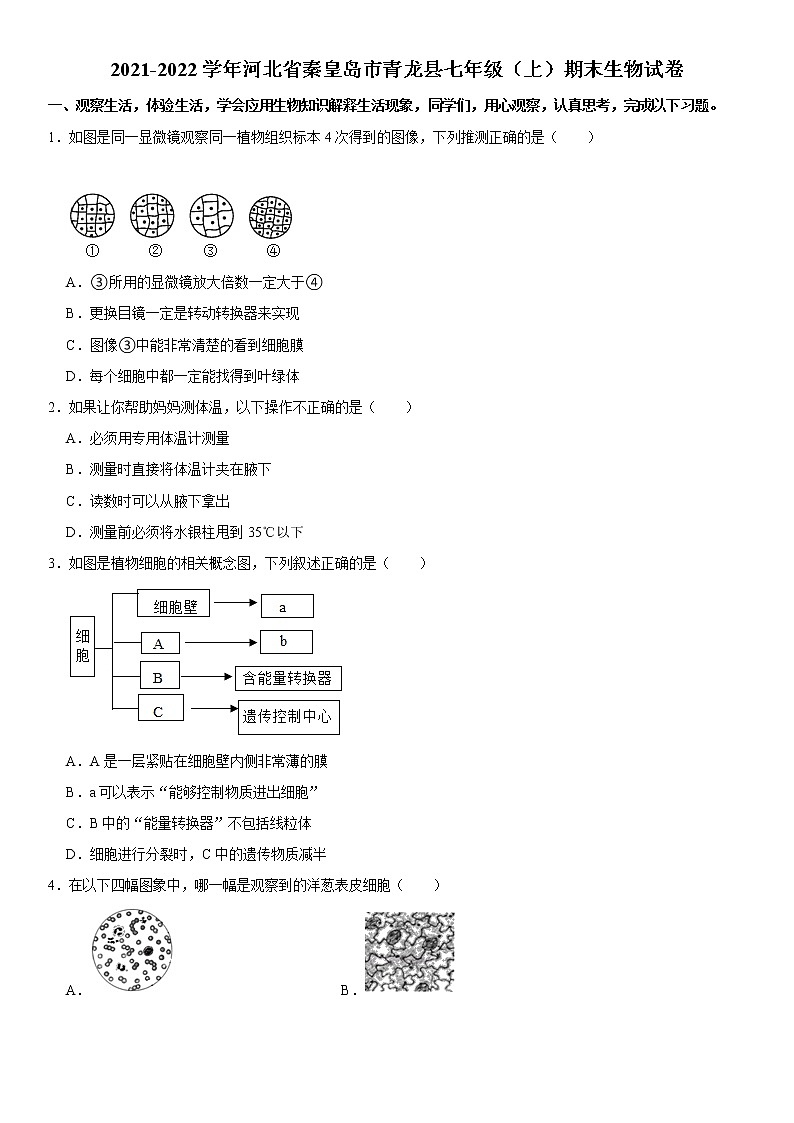 2021-2022学年河北省秦皇岛市青龙县七年级（上）期末生物试卷   解析版01