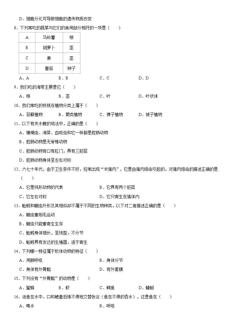 2021-2022学年河北省秦皇岛市青龙县七年级（上）期末生物试卷   解析版03