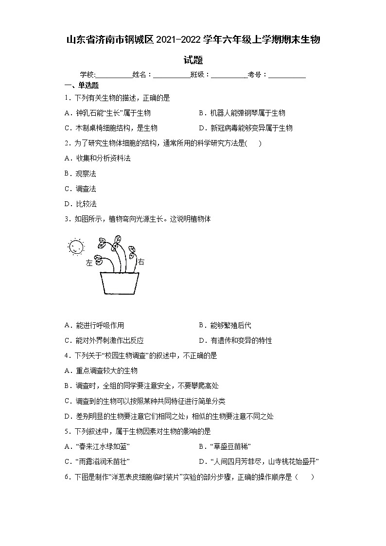 山东省济南市钢城区2021-2022学年六年级上学期期末生物试题（word版 含答案）01