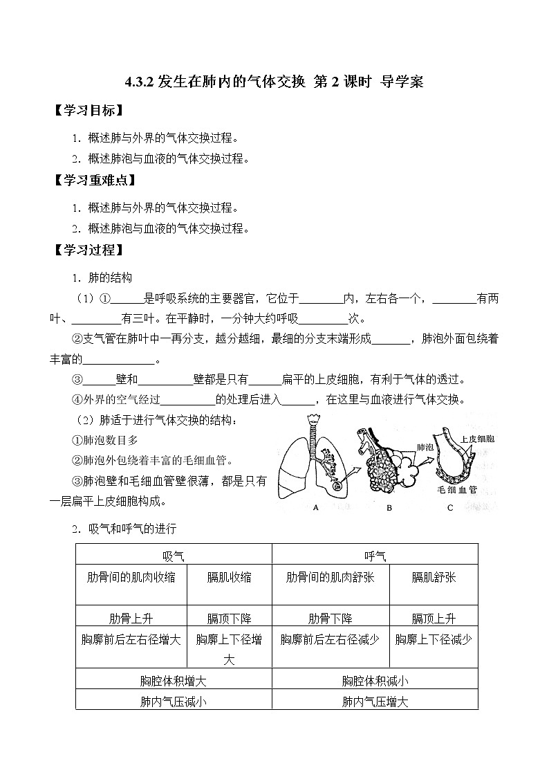 4.3.2发生在肺内的气体交换 第2课时（课件+教案+练习+导学案）01