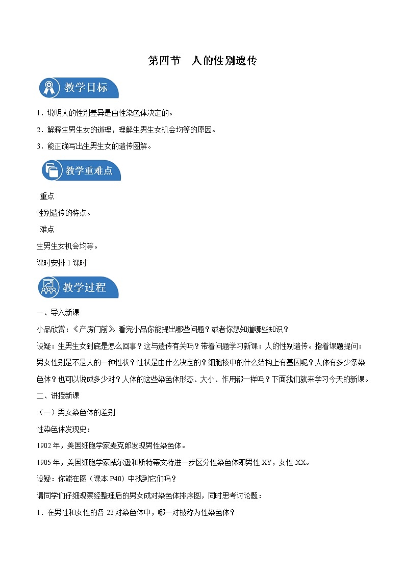 7.2.4 人的性别遗传 教案 初中生物人教版八年级下册（2022年）01