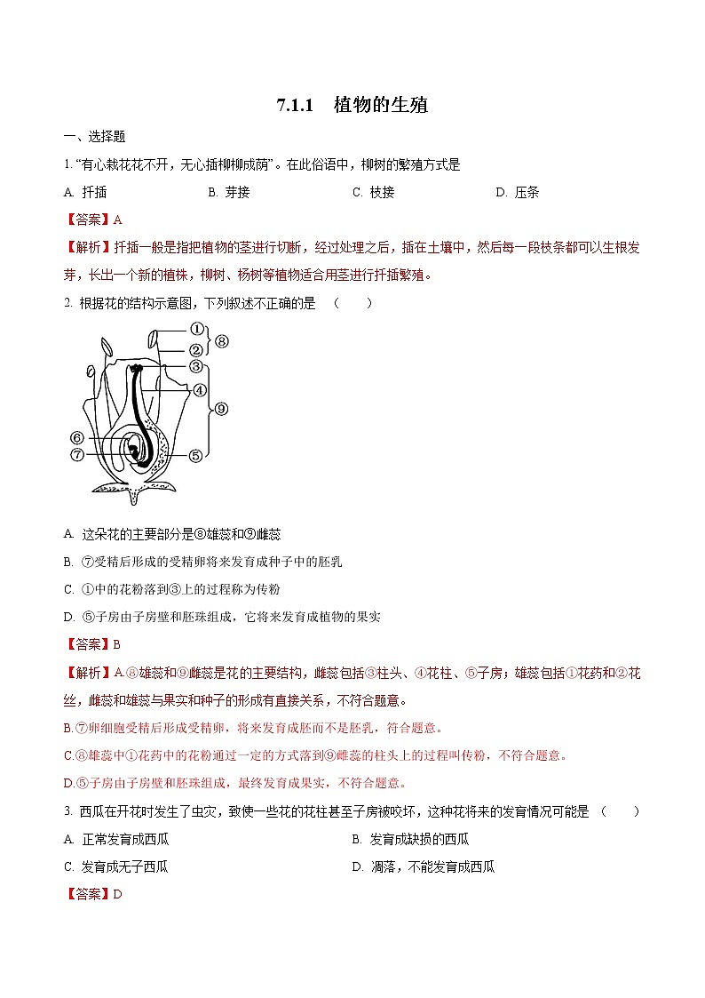 7.1.1 植物的生殖 同步练习2 初中生物人教版八年级下册（2022年）01