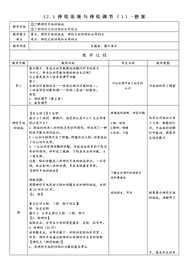 12.1神经系统与神经调节（1）-教案第1页
