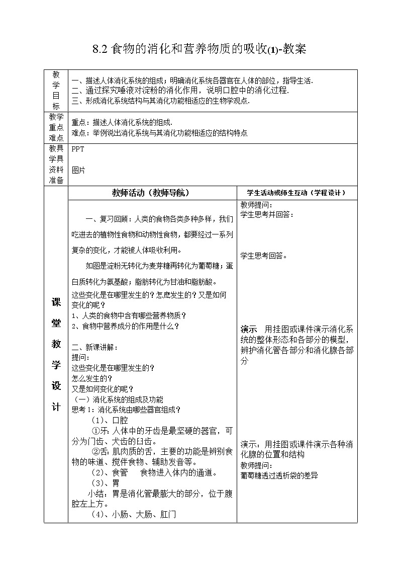 8.2食物的消化和营养物质的吸收（1）（课件+教案+练习+学案）01