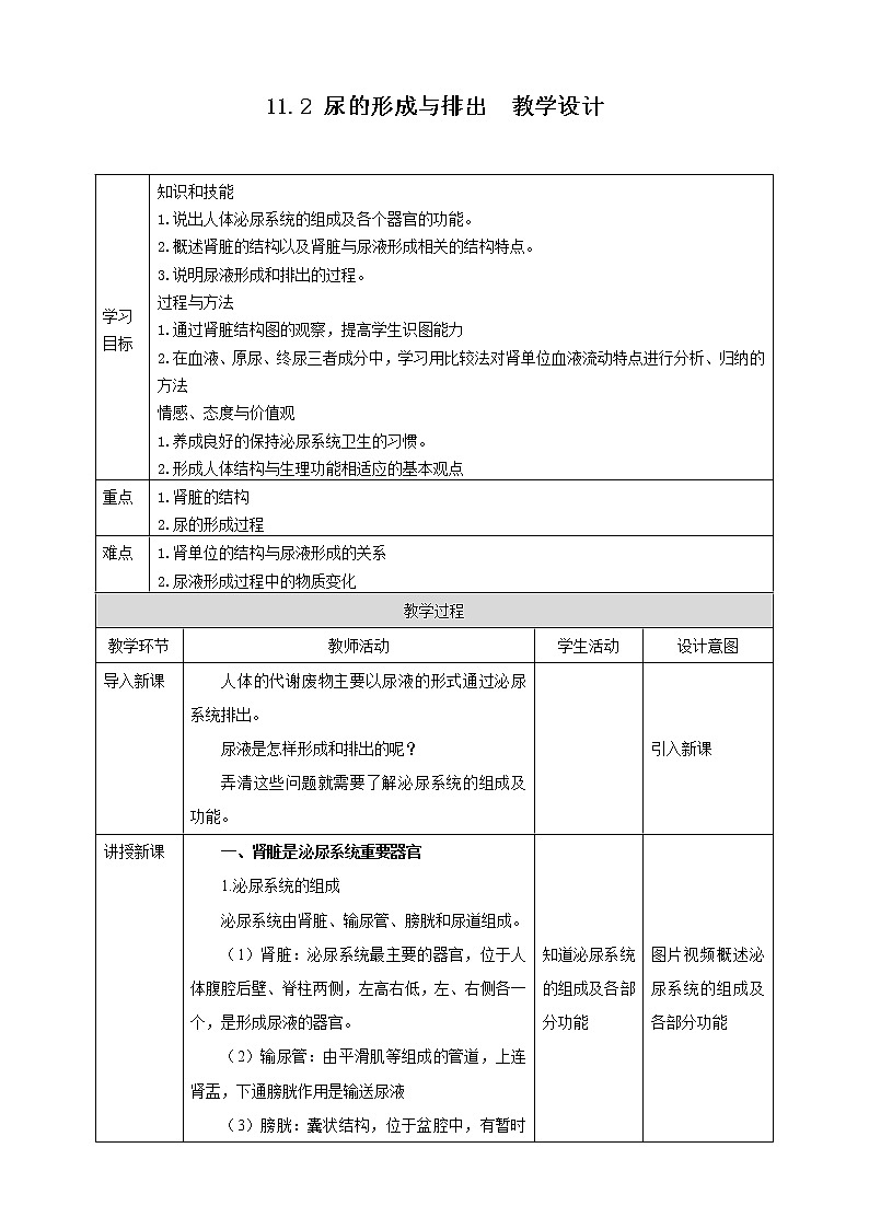 11.2 尿的形成与排出=教学设计第1页