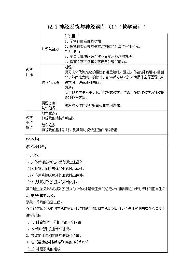 12.1神经系统与神经调节（1）（课件+教学设计+练习+学案）01