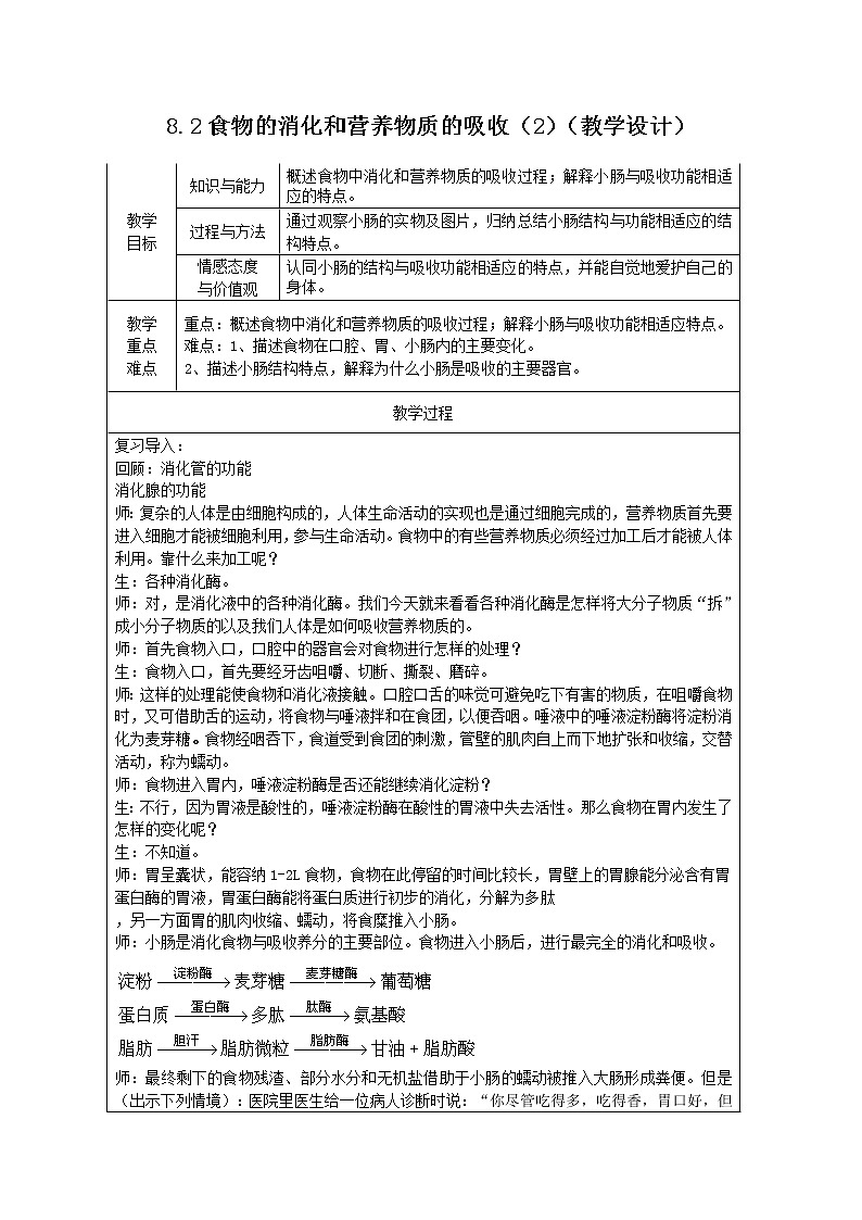 8.2食物的消化和营养物质的吸收（2）（课件+教学设计+练习+学案）01