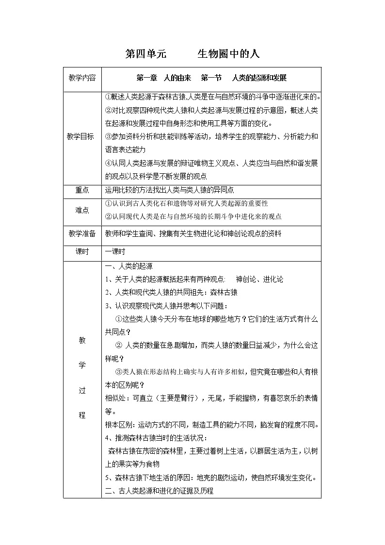 4.1.1 人类的起源和发展 教案 初中生物人教版七年级下册（2022年）01
