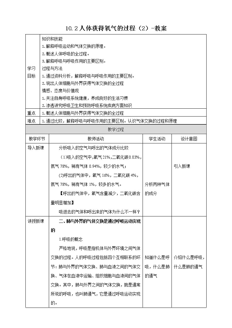 10.2人体获得氧气的过程（2）-教案第1页