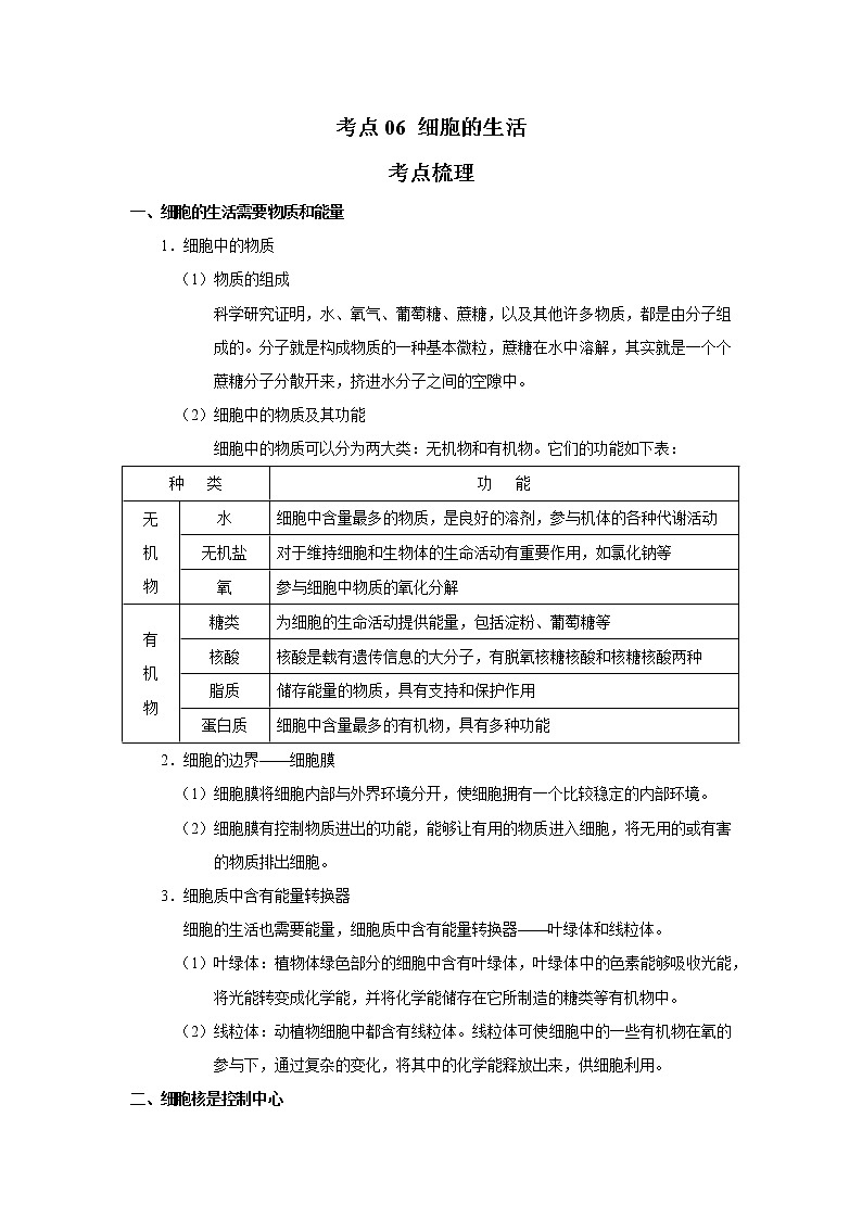 考点06 细胞的生活（解析版）-2022年生物中考一轮过关讲练（人教版）第1页