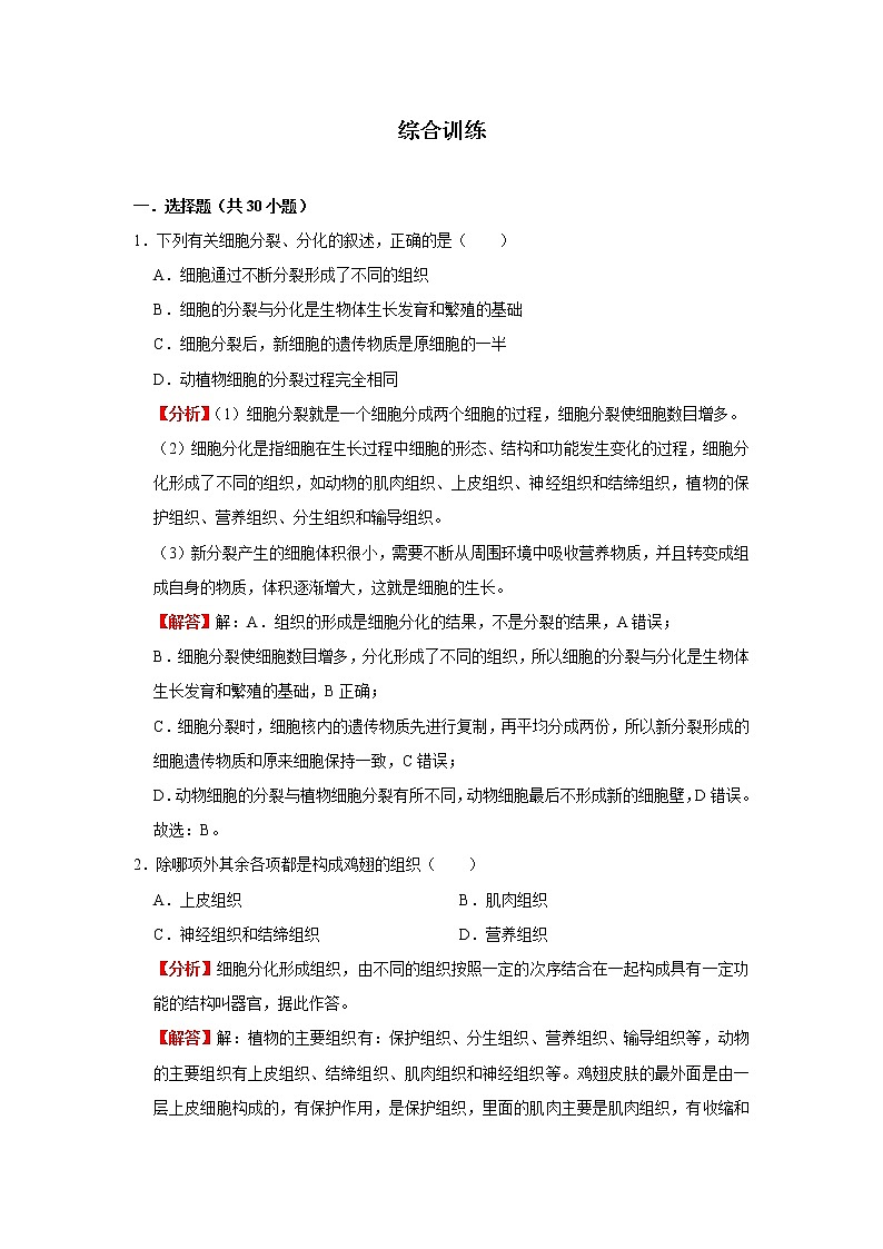 考点08 动植物体的结构层次（解析版）-2022年生物中考一轮过关讲练（人教版）第3页