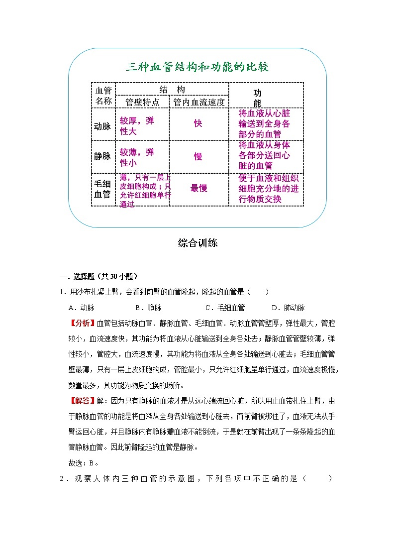 考点23 血管（解析版）-2022年生物中考一轮过关讲练（人教版）第2页