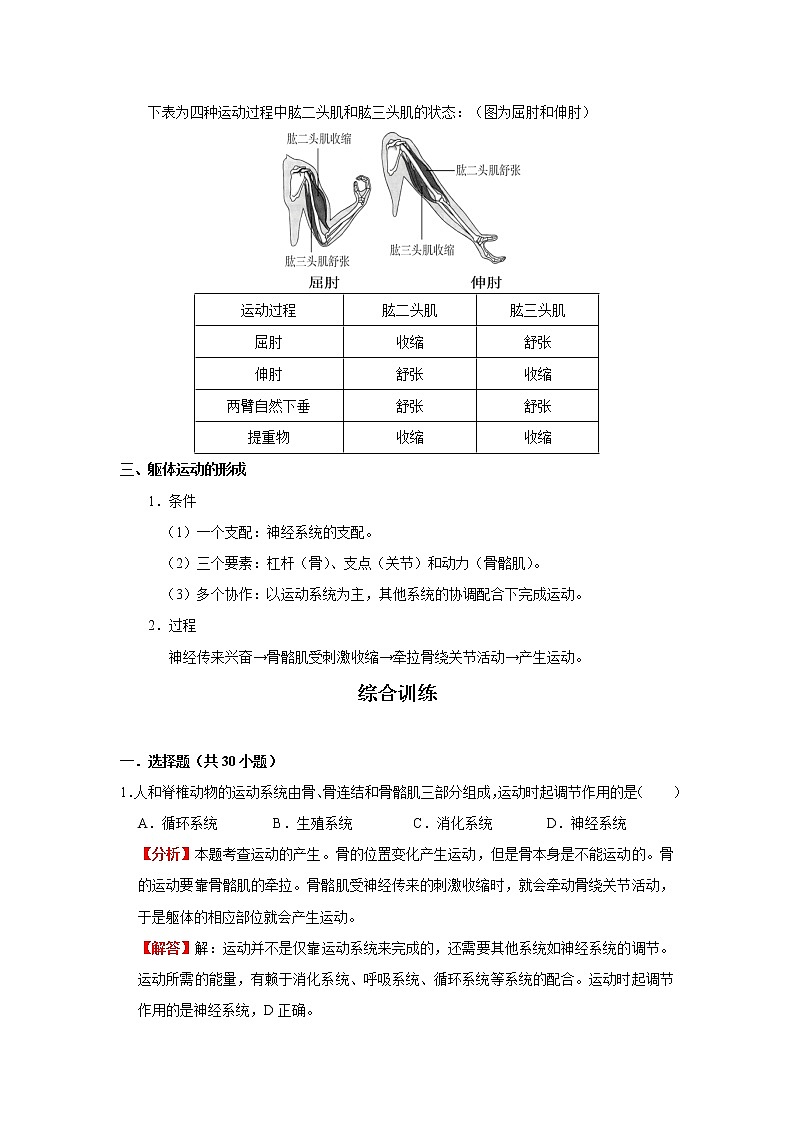 考点33 动物的运动（解析版）-2022年生物中考一轮过关讲练（人教版）第2页