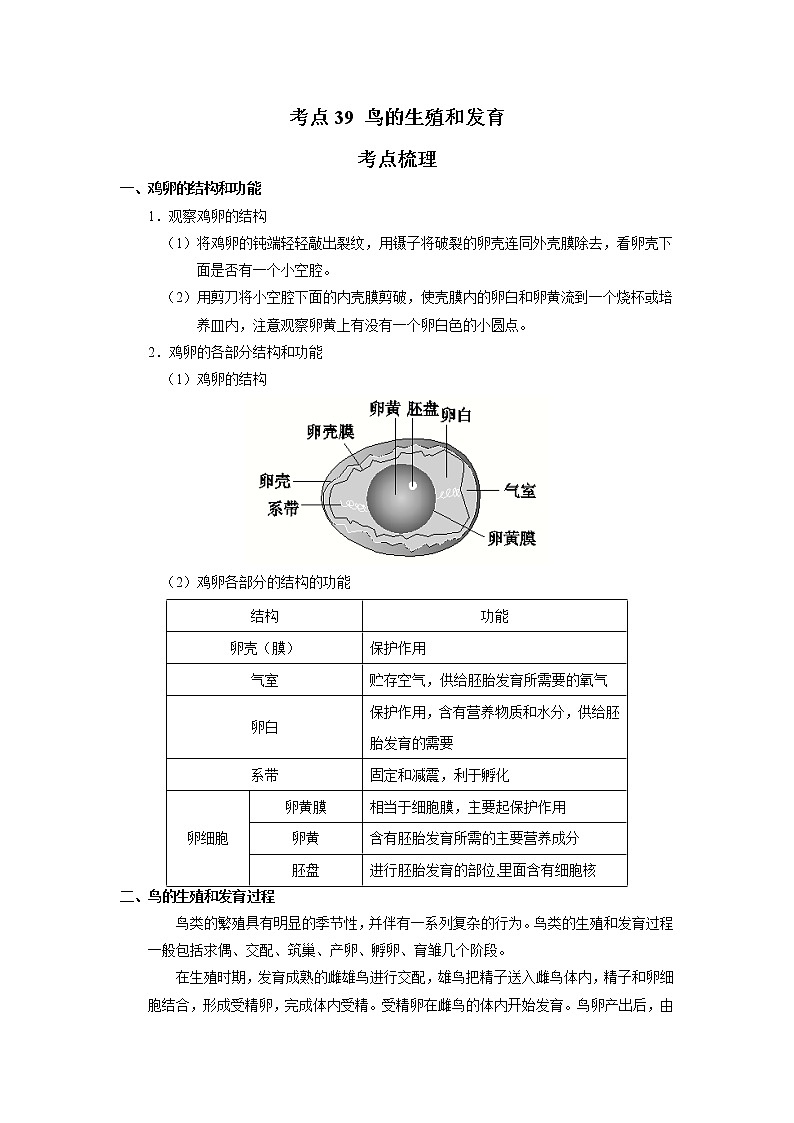 考点39 鸟的生殖和发育（解析版）-2022年生物中考一轮过关讲练（人教版）第1页