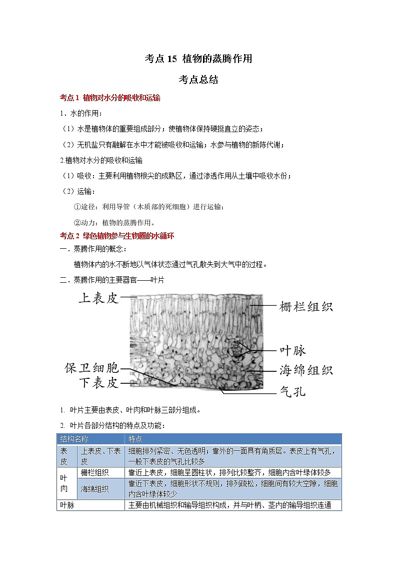 考点15 植物的蒸腾作用（解析版）-2022年生物中考一轮复习考点透析（人教版）第1页