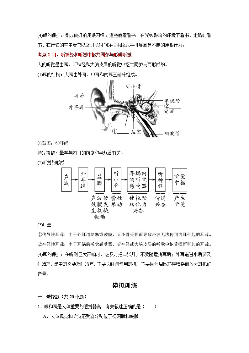 考点26 人体对外界的感知（解析版）-2022年生物中考一轮复习考点透析（人教版）第2页