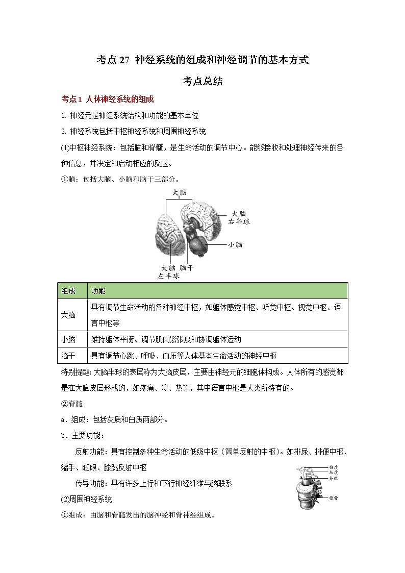 考点27 神经系统的组成和神经调节的基本方式（解析版）-2022年生物中考一轮复习考点透析（人教版）第1页