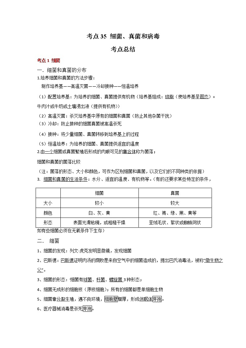 考点35 细菌、真菌和病毒（解析版）-2022年生物中考一轮复习考点透析（人教版）第1页