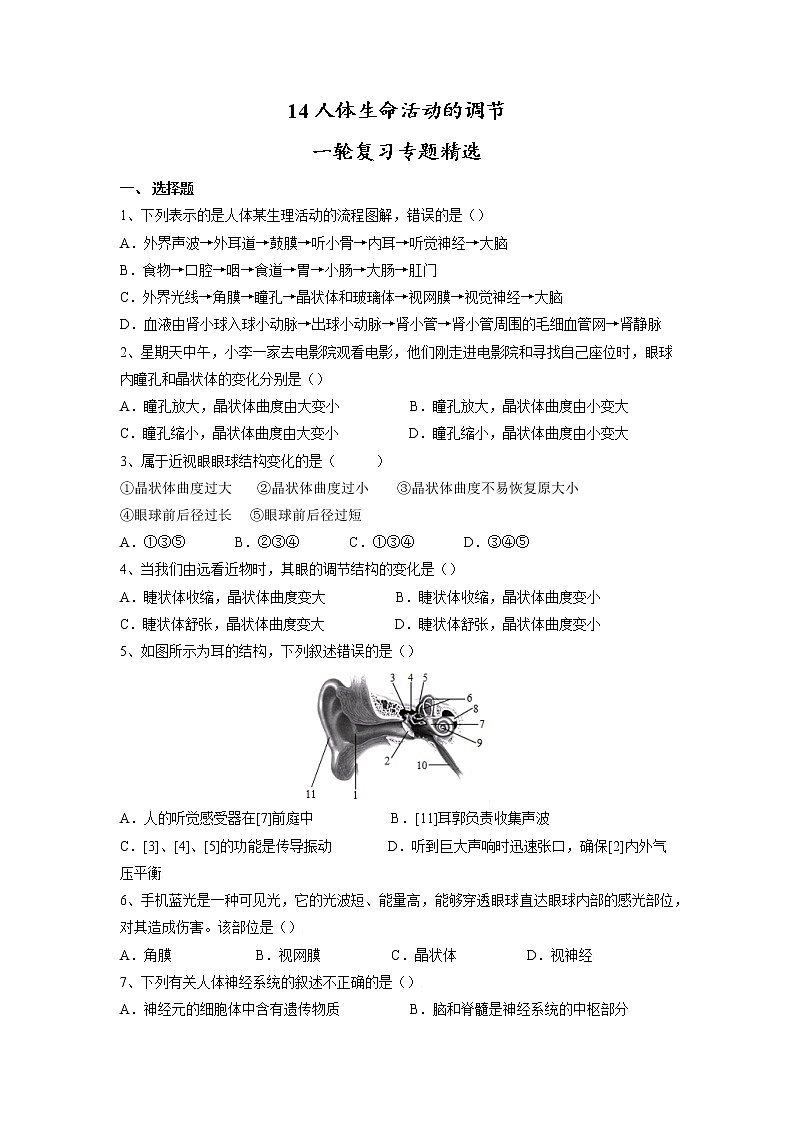 专题14 人体生命活动的调节（习题）-【过一轮】2022年中考生物一轮复习课件精讲与习题精练（原卷版）第1页