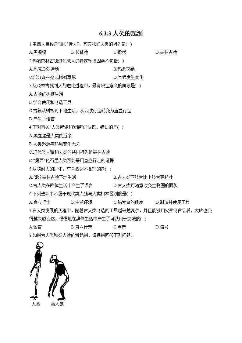 6.3.3人类的起源-2021-2022学年生物 冀教版八年级下册随堂小测01