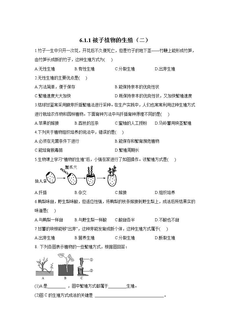 6.1.1被子植物的生殖（二）-2021-2022学年生物 冀教八年级下册随堂小测01
