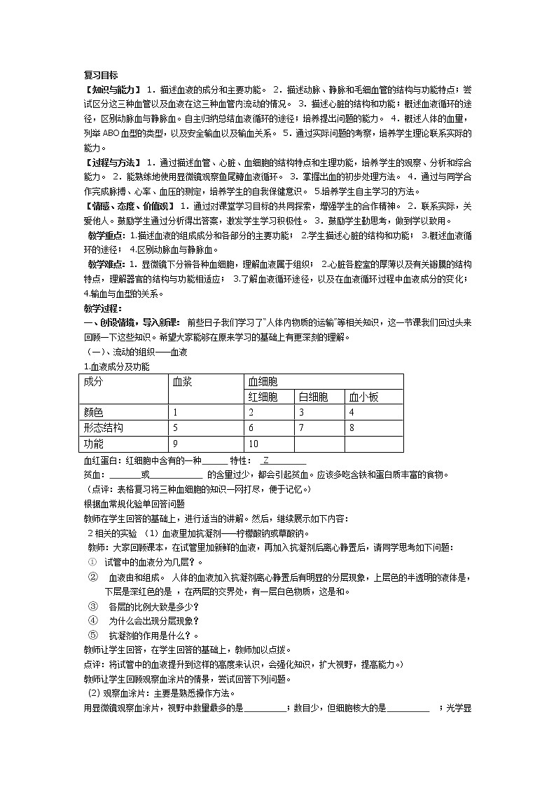 新人教版七年级下册第四单元第四章人体内物质的运输复习课教案01