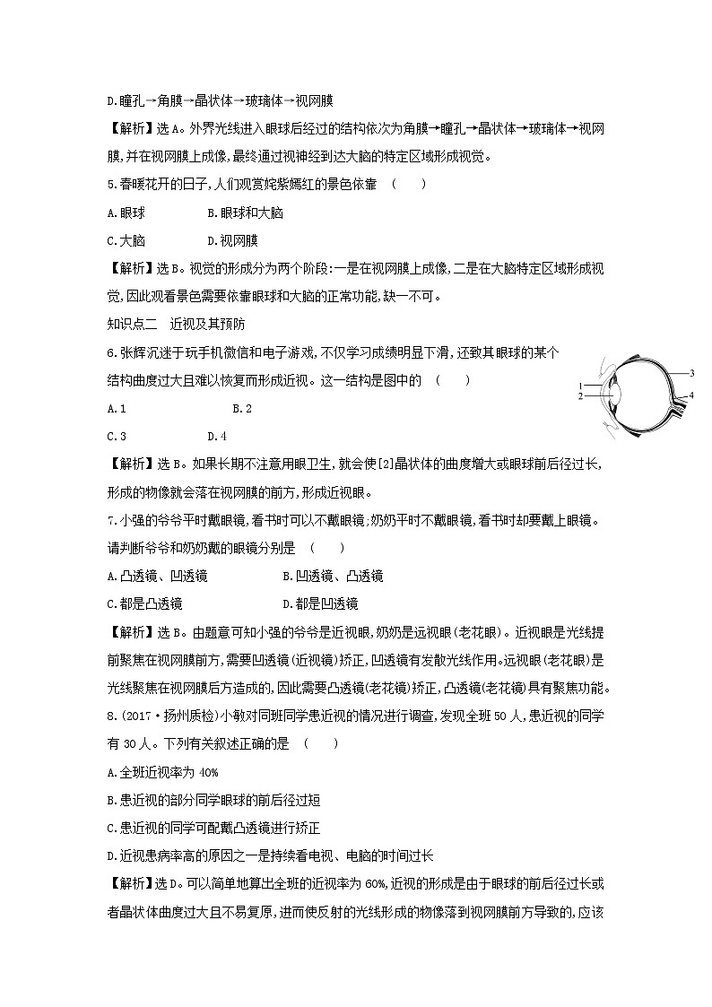 七年级生物下册4.6.1人体对外界环境的感知一课三练提能培优新人教版第2页