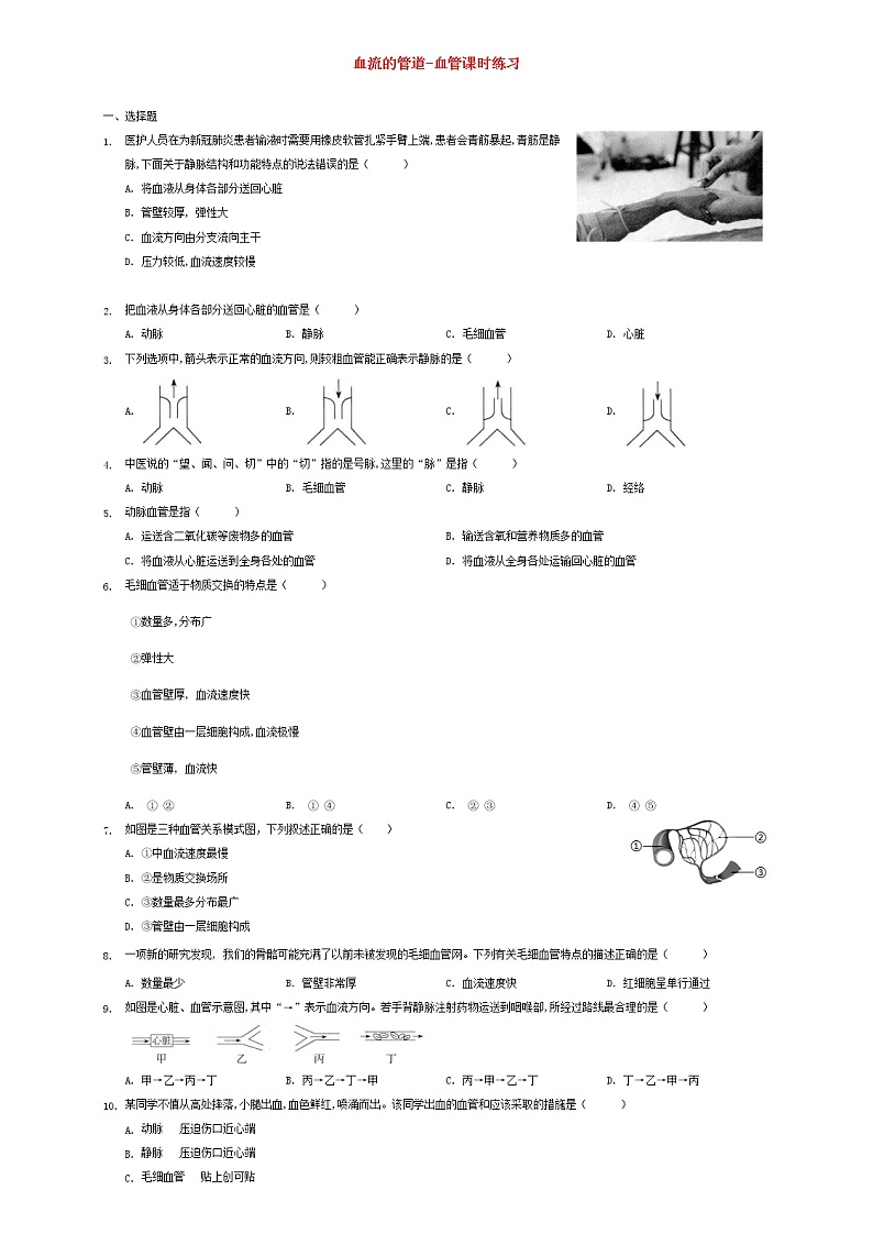 七年级生物下册4.4.2血流的管道__血管课时练习新人教版01