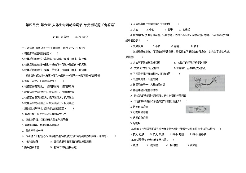 第四单元 第六章 人体生命活动的调节 单元测试2021-2022学年人教版七年级生物下册（word版含答案）第1页