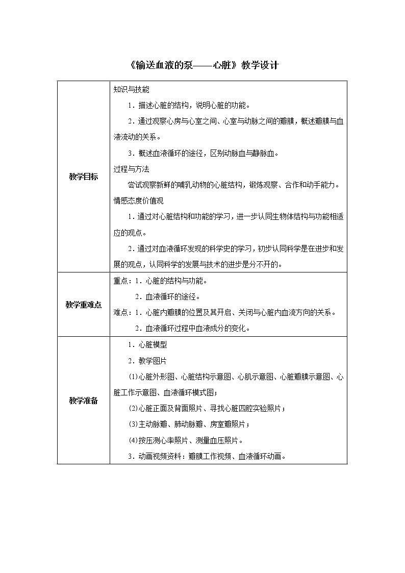 第四章第三节 输送血液的泵——心脏第二课时教案第1页