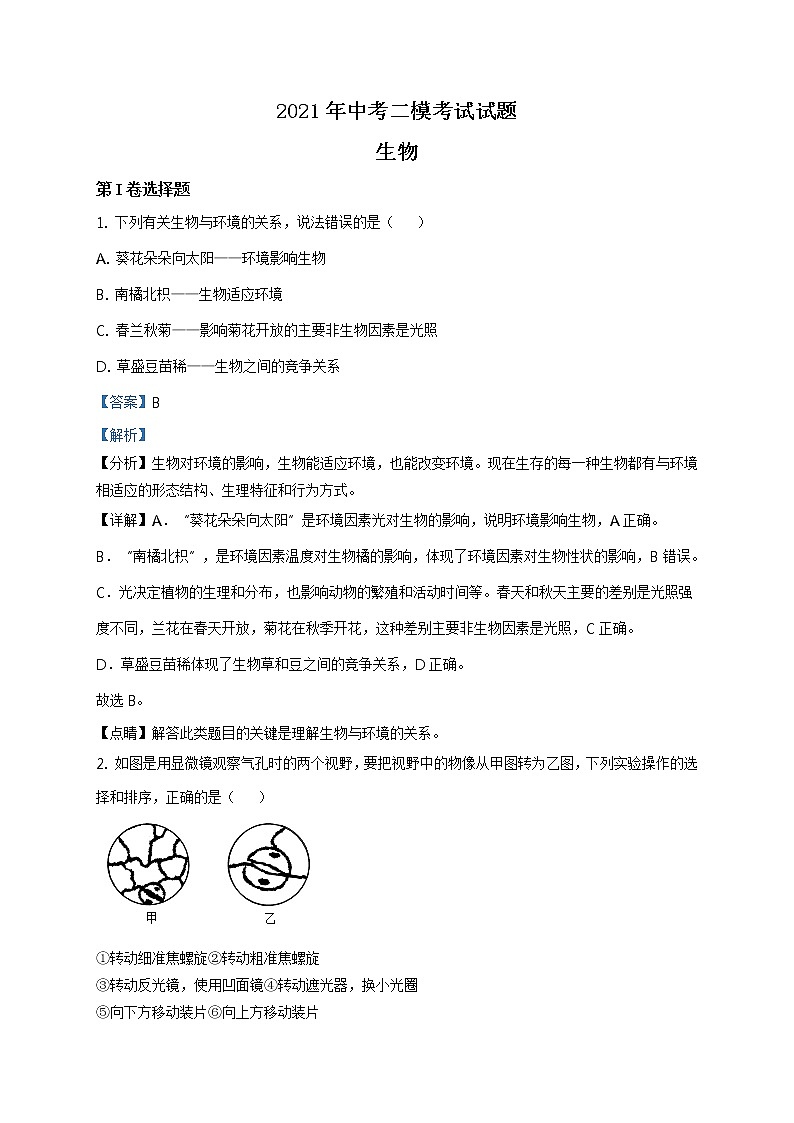 精品解析：2021年山东省临沂市沂水县中考二模生物试题（解析版+原卷版）01