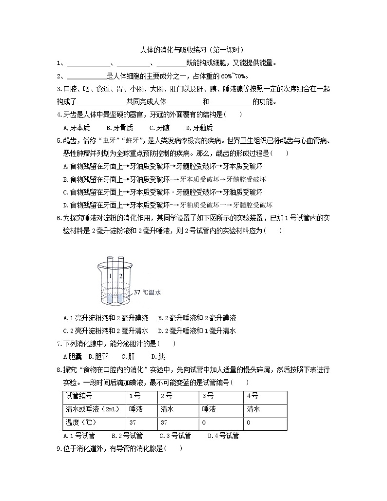 9.2人体的消化与吸收日清练习2021--2022学年苏教版生物七年级下册（word版含答案）01