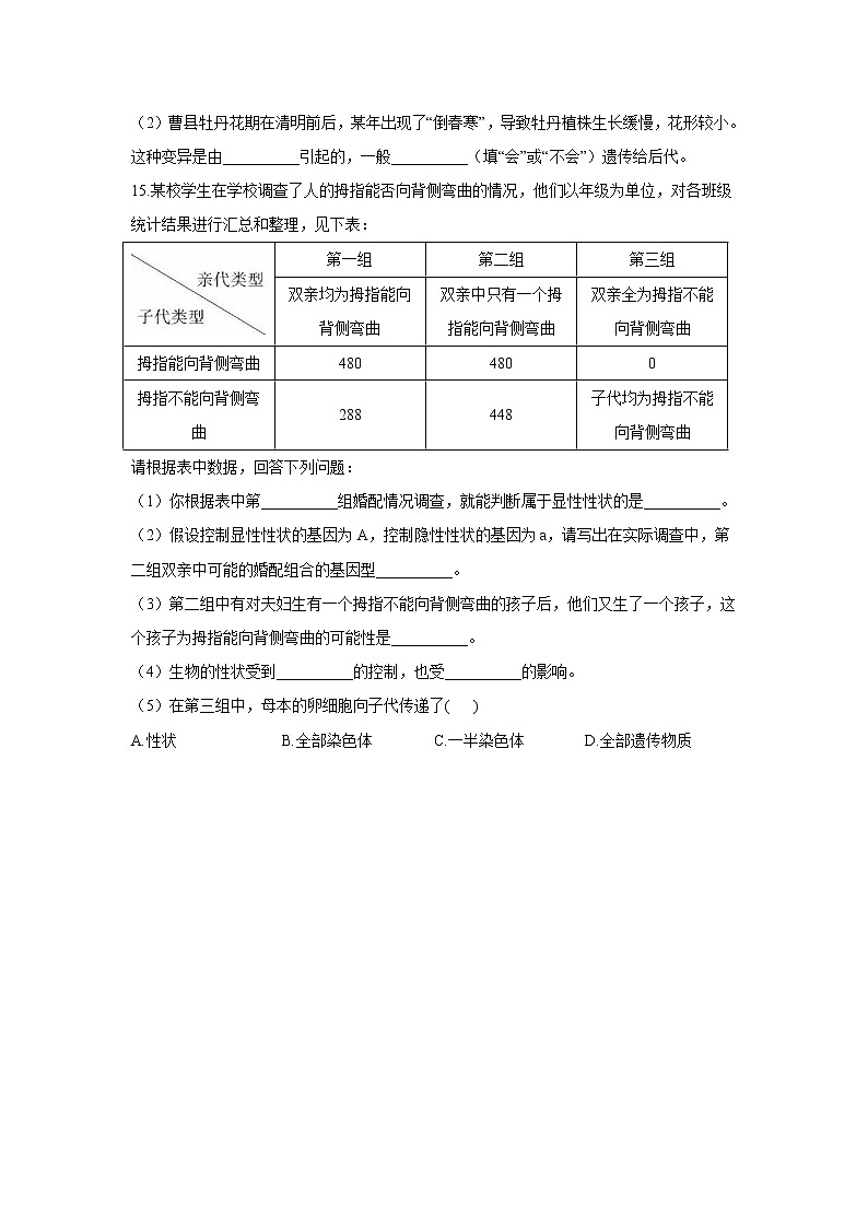 6.2.2变异-2021-2022学年生物冀教版八年级下册同步课时作业 练习03