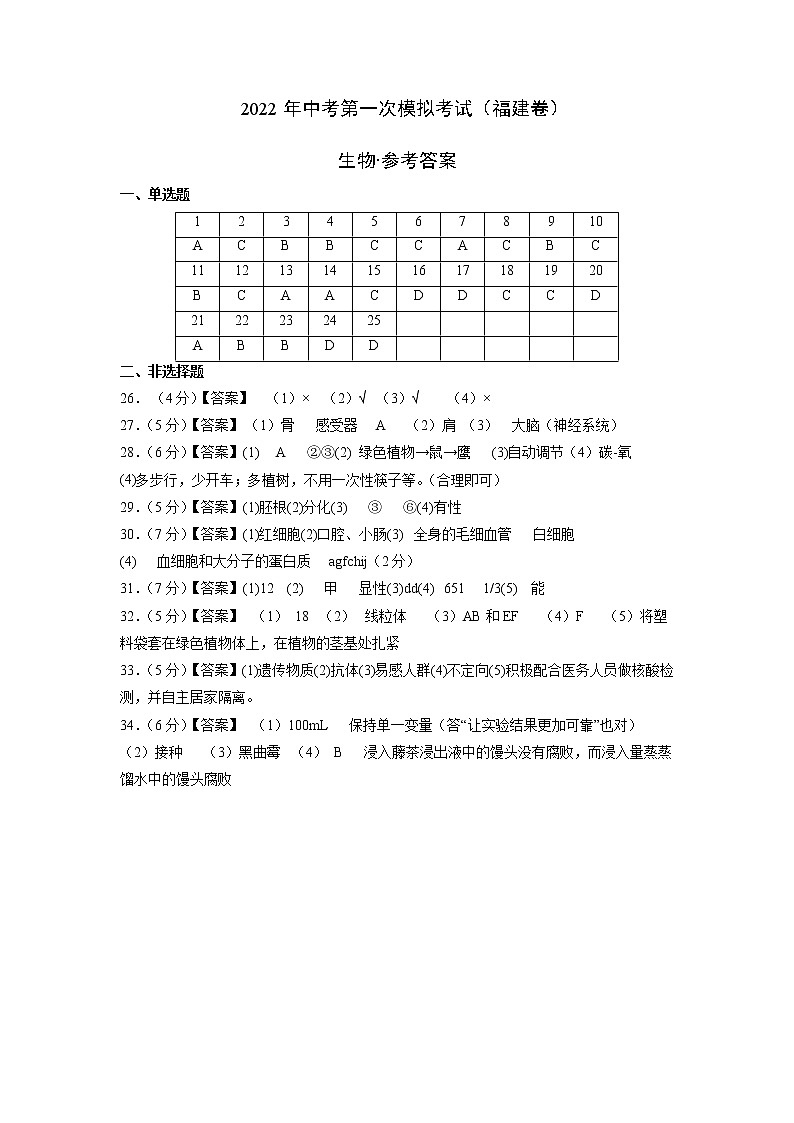 （福建卷）2022年中考生物第一次模拟考试`01