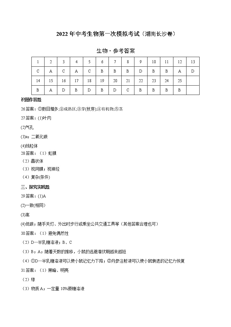 （湖南长沙卷）2022年中考生物第一次模拟考试`01