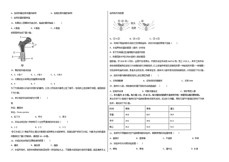 （江苏淮安卷）2022年中考生物第一次模拟考试`02