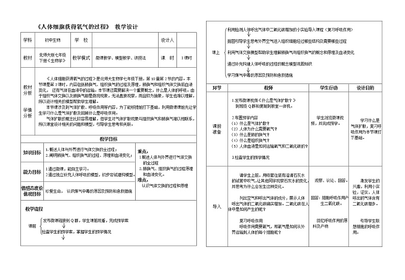 北师大版生物七年级下册 第10章 第2节 人体细胞获得氧气的过程(1)（教案）第1页