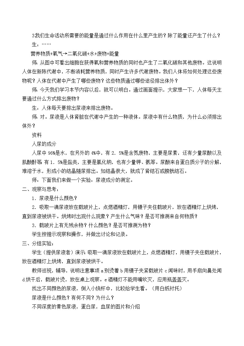 北师大版生物七年级下册 第11章 第1节 人体产生的代谢废物_（教案）第2页