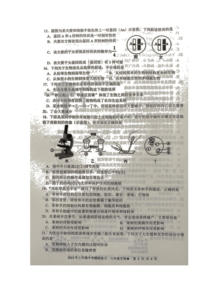 2022年湖南省娄底市中考第一次模拟生物试题第3页