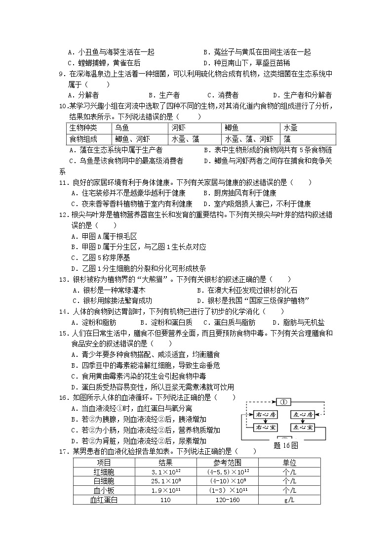 2021年广东省清远地区中考第二次模拟考试生物试题02